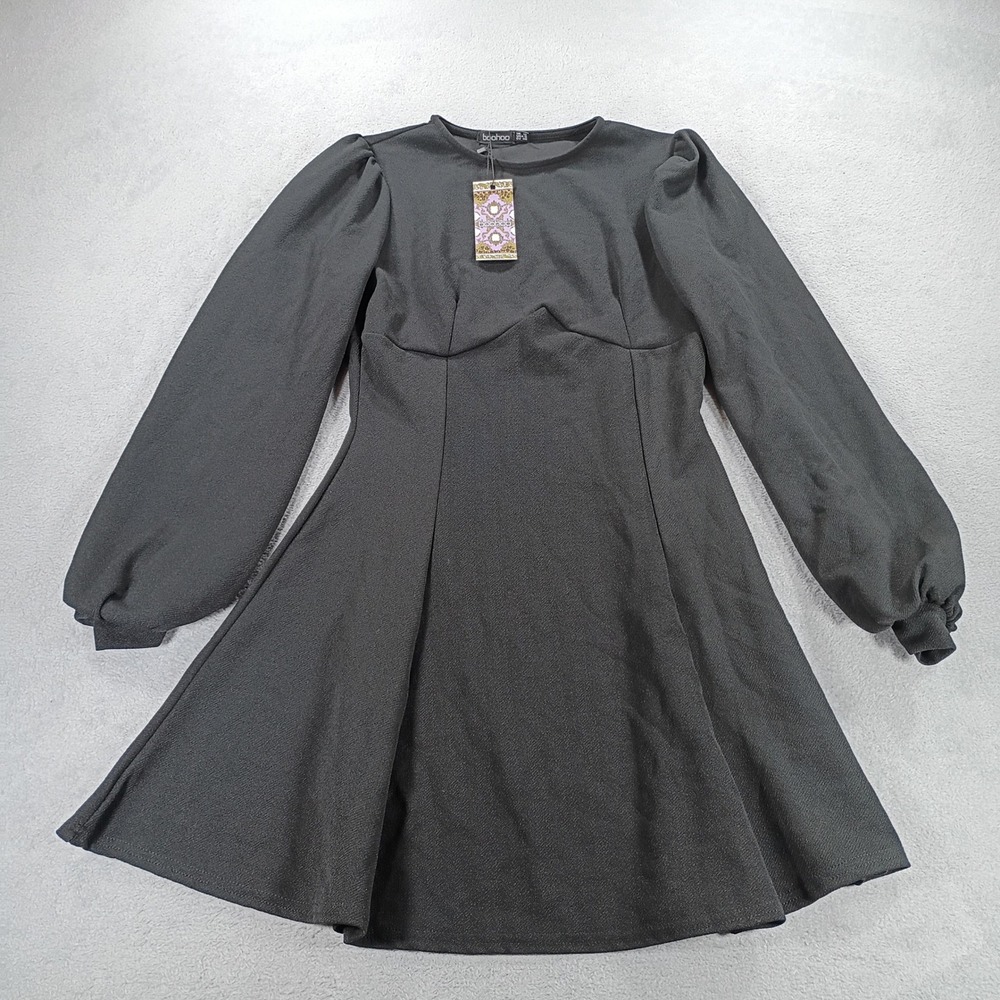 Boohoo Womens Fit and Flare Dress Black Size 8 Puff Sleeve Skater LBD